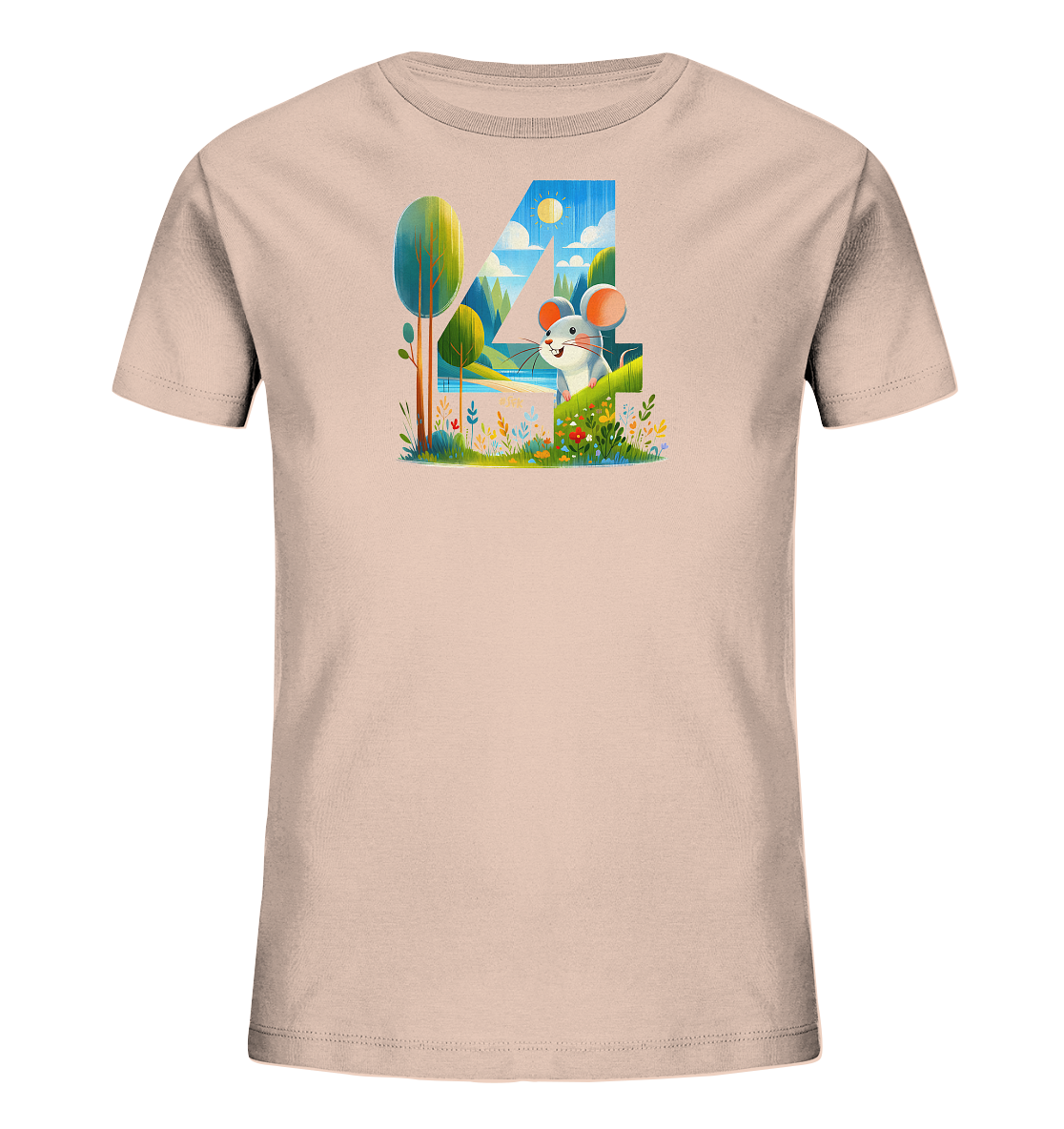 Onlineshop Shirts fuer Kinder - Dieses Bild zeigt ein hellrosa Kinder-T-Shirt. Auf der Vorderseite befindet sich eine bunte Illustration, bei der die Zahl 4 geschickt in eine Landschaft integriert ist. Die Szene zeigt Baeume, einen Fluss und Huegel, ergaenzt durch eine freundliche Maus inmitten von Blumen. Das Design wirkt froehlich und detailreich.