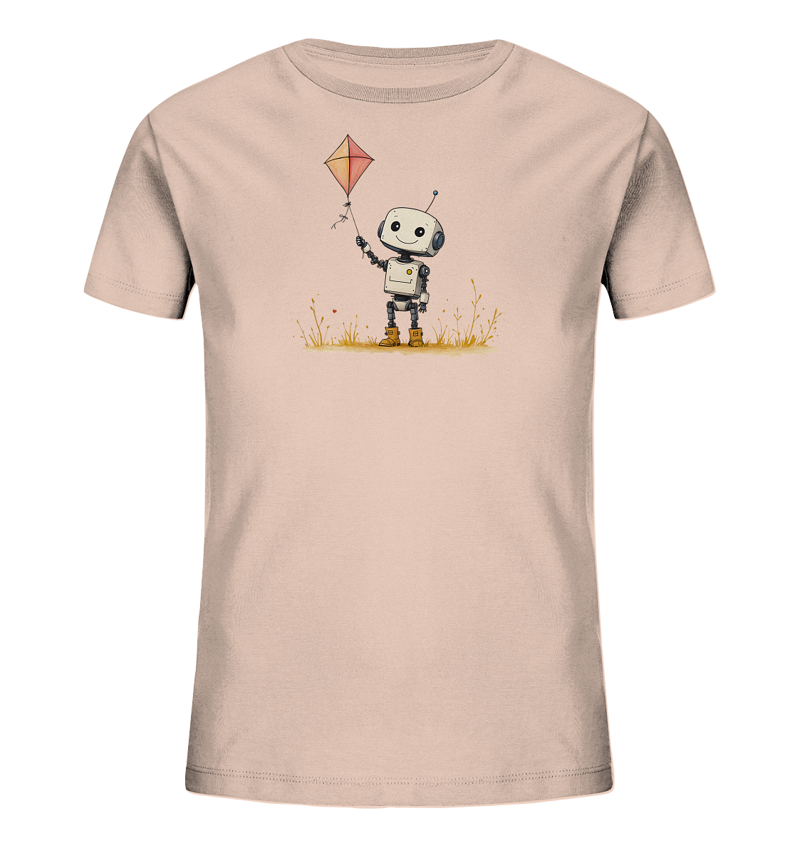 Onlineshop Shirts für Kinder - Das Bild zeigt ein leicht roséfarbenes Kinder-T-Shirt mit einem süßen und detailreichen Motiv auf der Vorderseite. Darauf ist ein kleiner, freundlich lächelnder Roboter zu sehen, der einen roten und orangen Drachen hält. Der Roboter steht in einer Wiese mit goldenem Gras und kleinen roten Akzenten. Die Illustration hat einen handgezeichneten, verspielten Stil, der gut zu Kinderbekleidung passt und ein Gefühl von Abenteuer und Freude vermittelt.