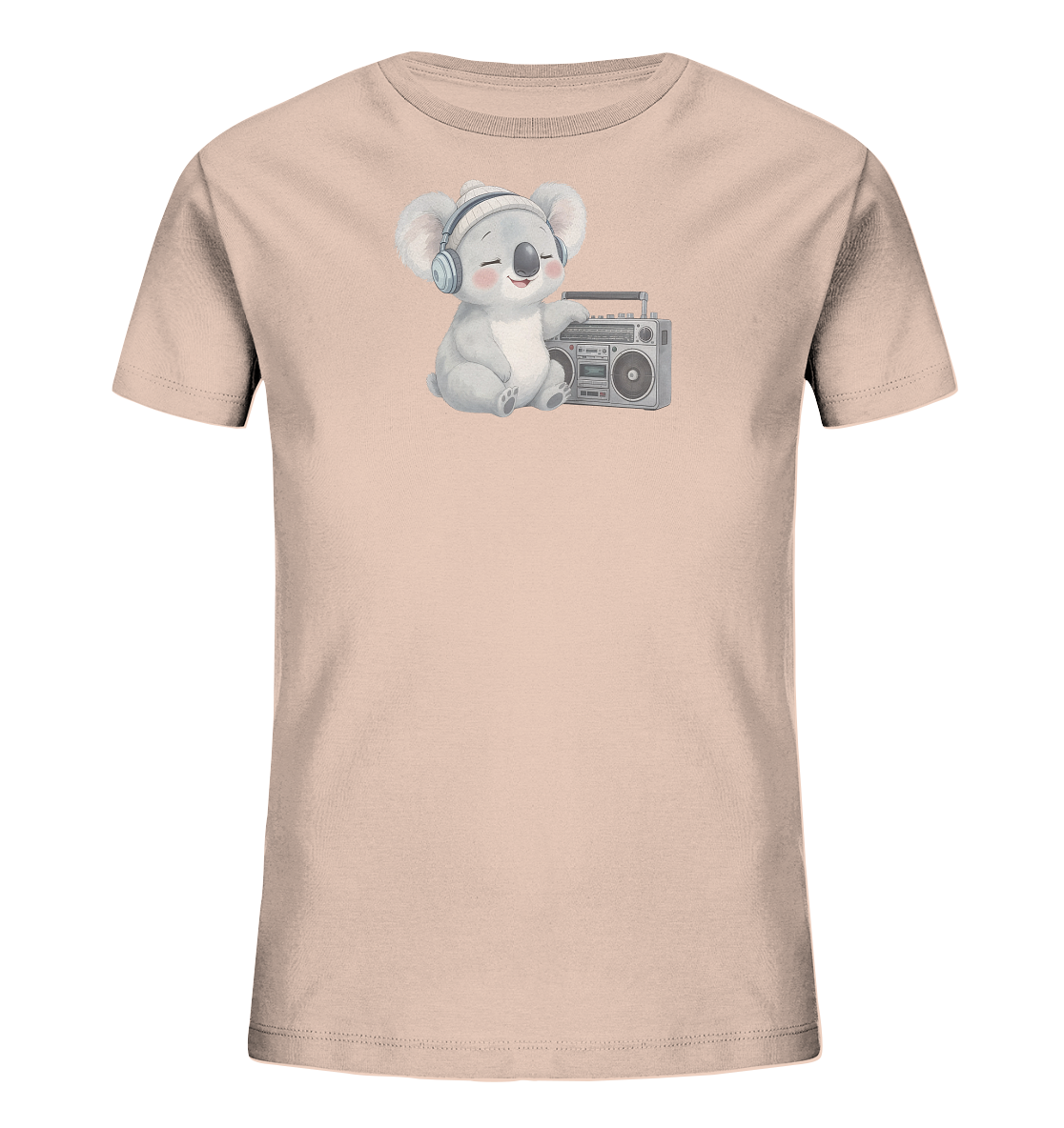 Onlineshop Shirts fuer Kinder - Das Bild zeigt ein hellrosa Kinder-T-Shirt. Auf der Vorderseite befindet sich ein niedlicher, grauer Koala mit Kopfhoerern und einer Muetze. Das Koala sitzt froehlich neben einem Radiorekorder. Dieses Design verleiht dem Shirt ein verspieltes und musikalisches Thema.