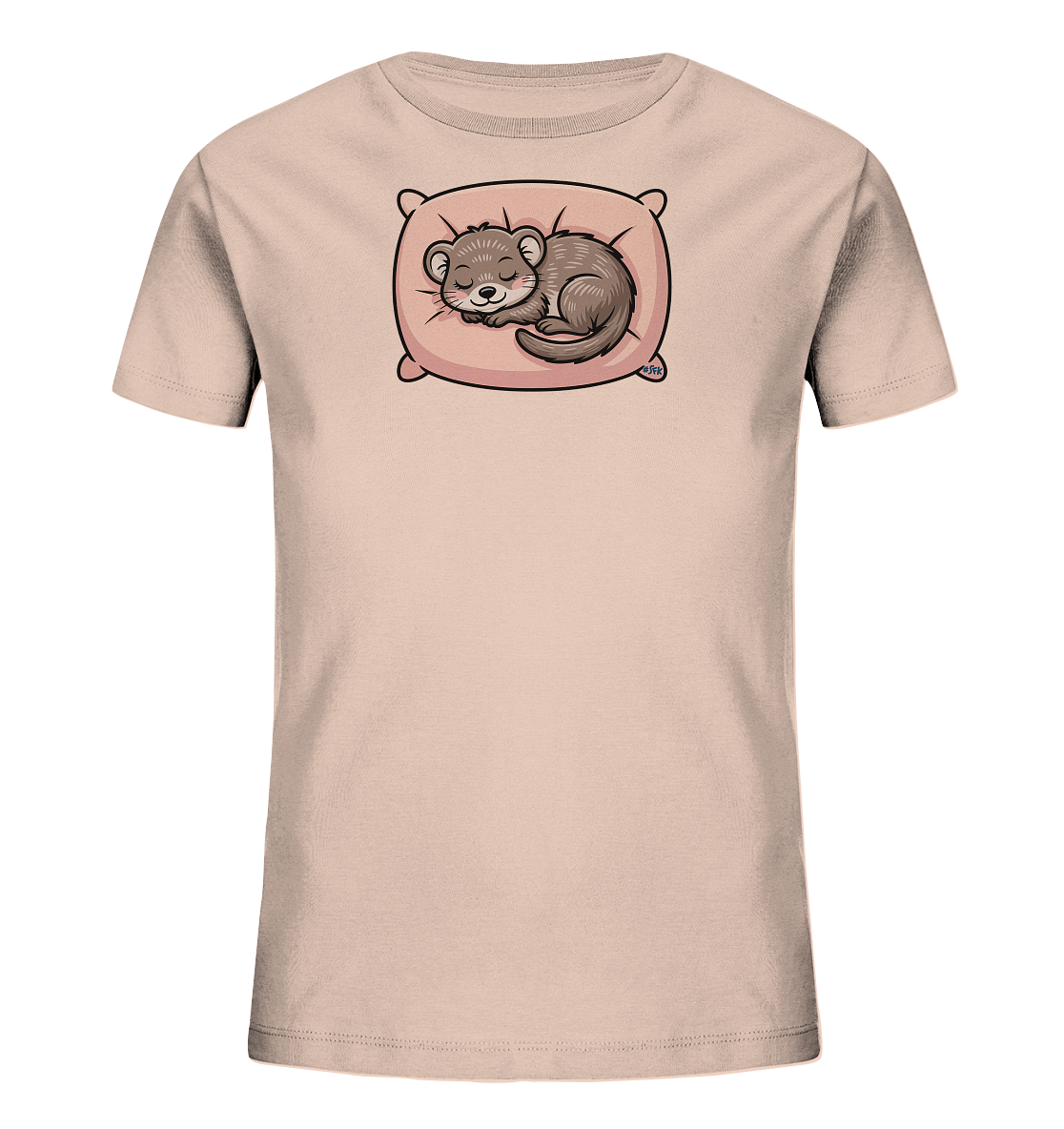 Onlineshop Shirts fuer Kinder - Das Bild zeigt ein hellrosafarbenes Kinder-T-Shirt. Auf der Vorderseite ist eine niedliche, braune Maus dargestellt, die friedlich auf einem rosa Kissen schlaeft. Die Maus ist zusammengerollt und hat geschlossene Augen, was ein gemuetliches Motiv erzeugt. Das gesamte Design strahlt Ruhe und Suesse aus.