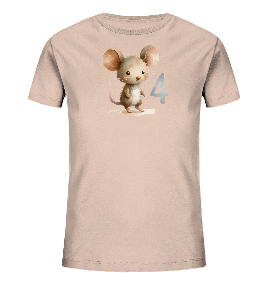 Onlineshop Shirts fuer Kinder - Das Bild zeigt ein hellrosafarbenes Kinder-T-Shirt. Auf der Vorderseite ist eine Illustration einer stehenden Maus im Aquarellstil abgebildet. Daneben befindet sich die Zahl '4' in einem hellen Blaugrau. Das Design wirkt weich und kindgerecht gestaltet.