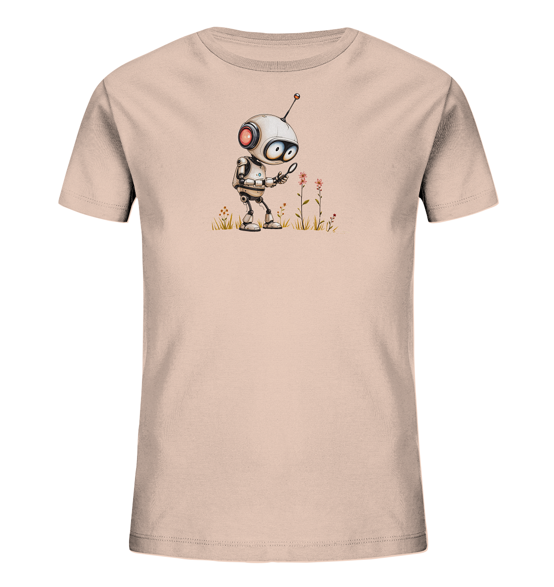 Onlineshop Shirts für Kinder - Das Bild zeigt ein hellrosafarbenes Kinder-T-Shirt. Auf der Vorderseite befindet sich eine Illustration eines kleinen, detailreich gestalteten Roboters. Der Roboter steht in einer Wiese mit Gras und einigen kleinen Blüten und betrachtet eine rosa Blume mit einer Lupe. Die Grafik ist im Comic-Stil gehalten und verleiht dem Shirt einen neugierigen und verspielten Charakter.