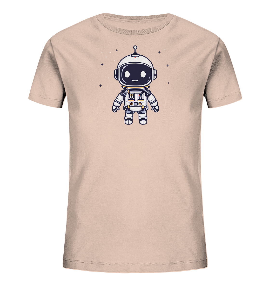 Onlineshop Shirts für Kinder - Das Bild zeigt ein kurzärmeliges Kinder-T-Shirt in einem hellen Beigeton. Auf der Vorderseite ist eine niedliche, cartoonartige Illustration eines kleinen Astronauten abgebildet. Der Astronaut trägt einen weißen Raumanzug mit grauen Details und hat ein großes Helmvisier, das schwarze Augen und einen gelben Mund zeigt, was ihm ein freundliches Aussehen verleiht. Um die Figur herum sind kleine weiße Pluszeichen verteilt, die Sterne im Weltraum darstellen.