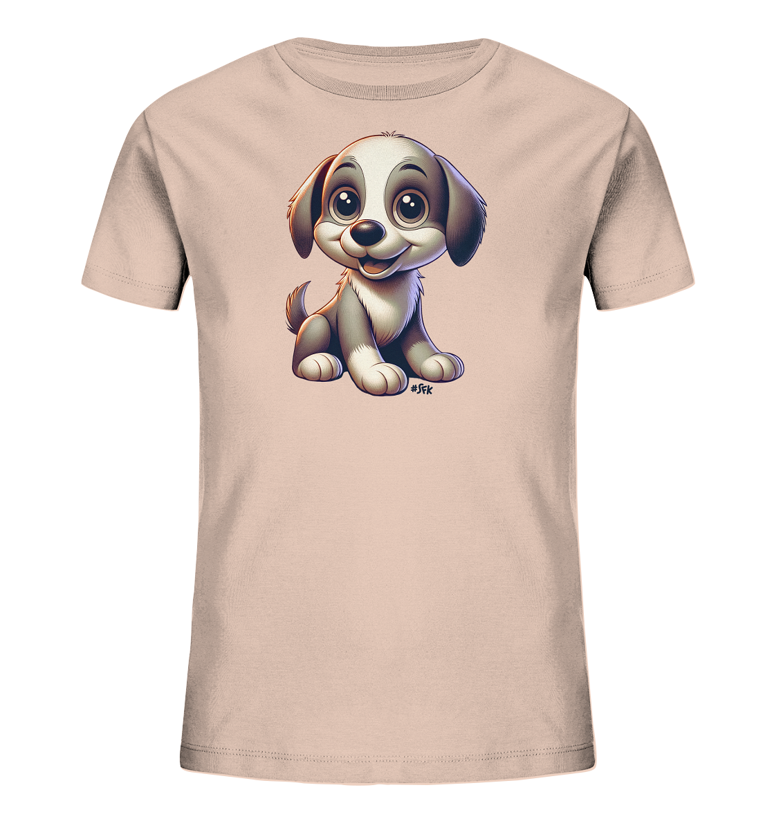 Onlineshop Shirts fuer Kinder - Das Bild zeigt ein hellrosa T-Shirt fuer Kinder mit einer niedlichen Cartoon-Illustration eines Welpen auf der Vorderseite. Der Welpe sitzt und laechelt mit grossen Augen und Ohren. Sein Fell ist in Grau- und Weisstoenen dargestellt. Die Grafik verleiht dem Shirt einen freundlichen und verspielten Look.