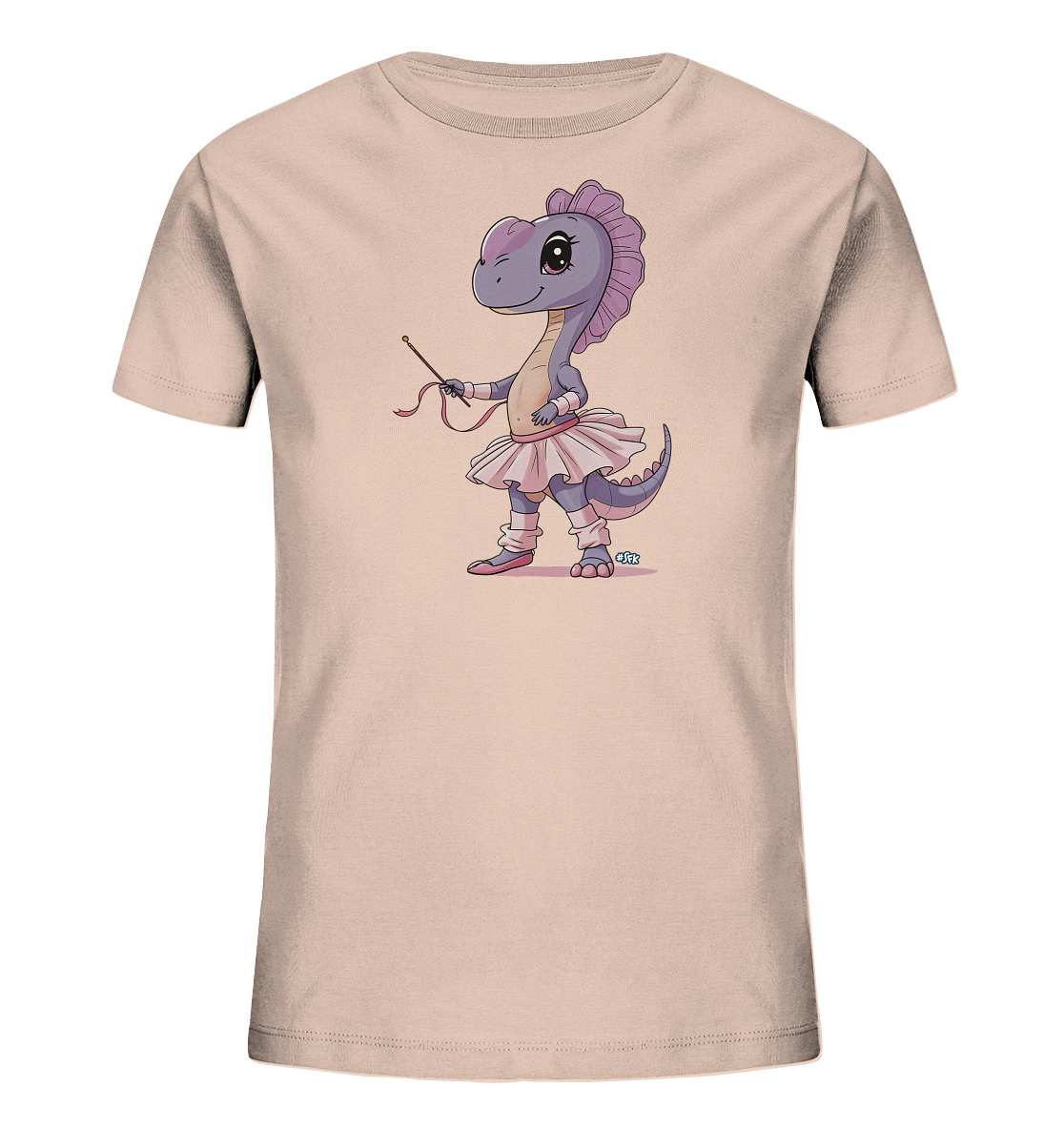 Onlineshop Shirts fuer Kinder - Das Bild zeigt ein hellrosa Kinder-T-Shirt. Auf der Vorderseite ist eine niedliche Illustration eines lila Dinosauriers als Ballerina abgebildet. Der Dinosaurier traegt ein rosa Tutu, Beinstulpen und Ballettschuhe und haelt einen Zauberstab. Das Design ist verspielt und ansprechend fuer Kinder.