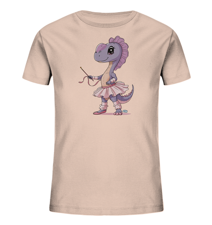 Onlineshop Shirts fuer Kinder - Das Bild zeigt ein hellrosa Kinder-T-Shirt. Auf der Vorderseite ist eine niedliche Illustration eines lila Dinosauriers als Ballerina abgebildet. Der Dinosaurier traegt ein rosa Tutu, Beinstulpen und Ballettschuhe und haelt einen Zauberstab. Das Design ist verspielt und ansprechend fuer Kinder.