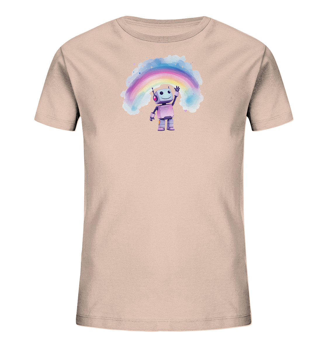 Rosabeiges Kinder-T-Shirt mit winkendem Roboter unter buntem Regenbogen.
