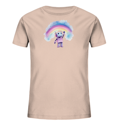 Rosabeiges Kinder-T-Shirt mit winkendem Roboter unter buntem Regenbogen.