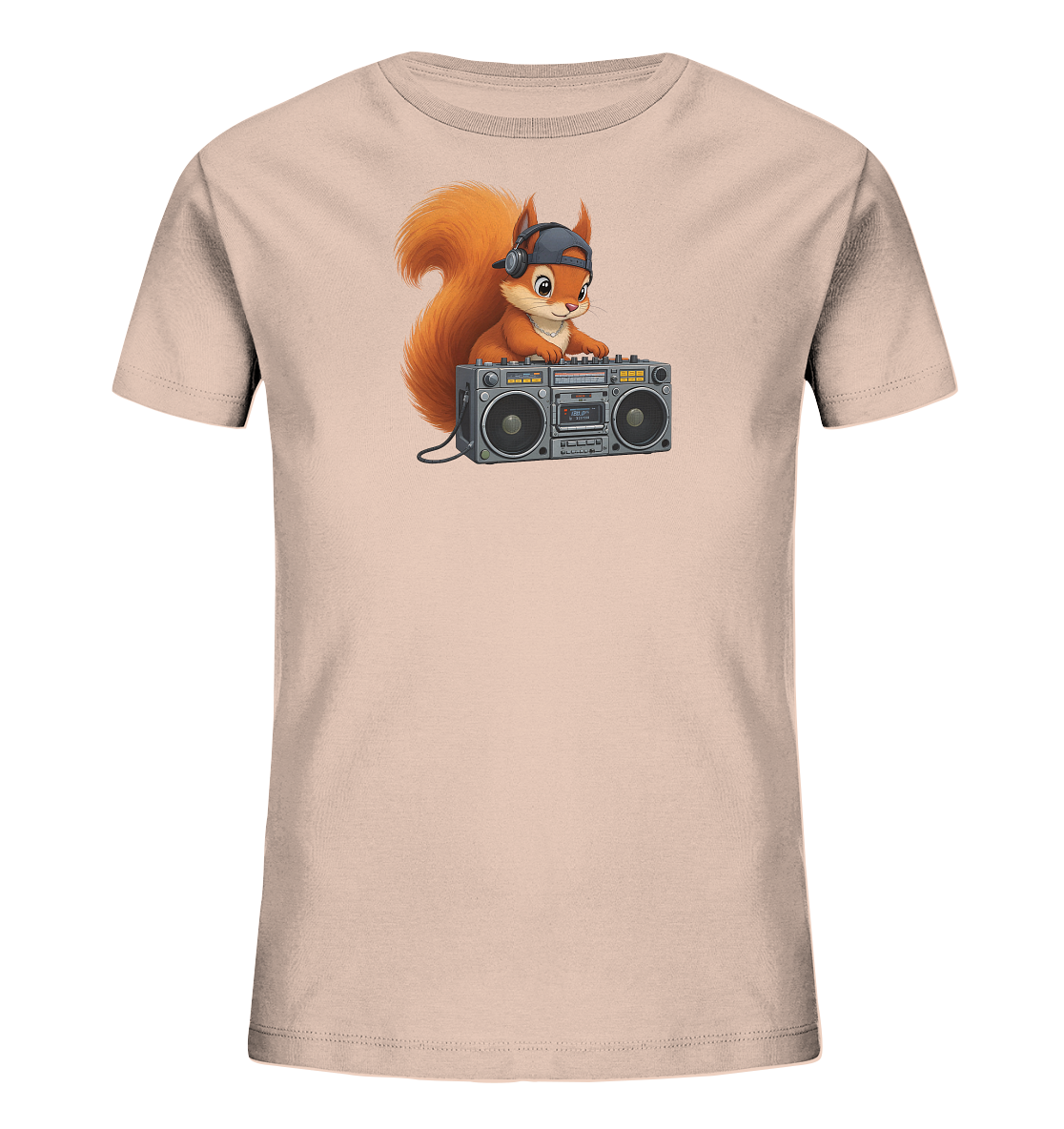 Kinder T-Shirt mit Eichhörnchen-DJ, Kopfhörern, Kappe und Boombox