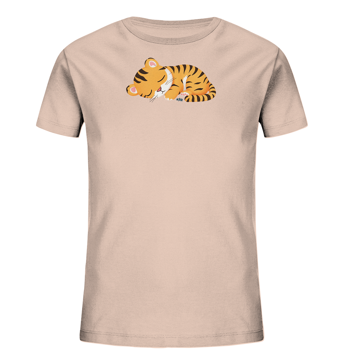 Onlineshop Shirts fuer Kinder - Das Bild zeigt ein hellrosa Kinder-T-Shirt mit einem niedlichen Motiv eines schlafenden Tigerbabys auf der Vorderseite. Das orangefarbene Tigerbaby ist zusammengerollt und schlaeft friedlich, mit geschlossenen Augen und deutlichen schwarzen Streifen. Das Design wirkt sehr sanft und ansprechend, ideal fuer kleine Kinder.