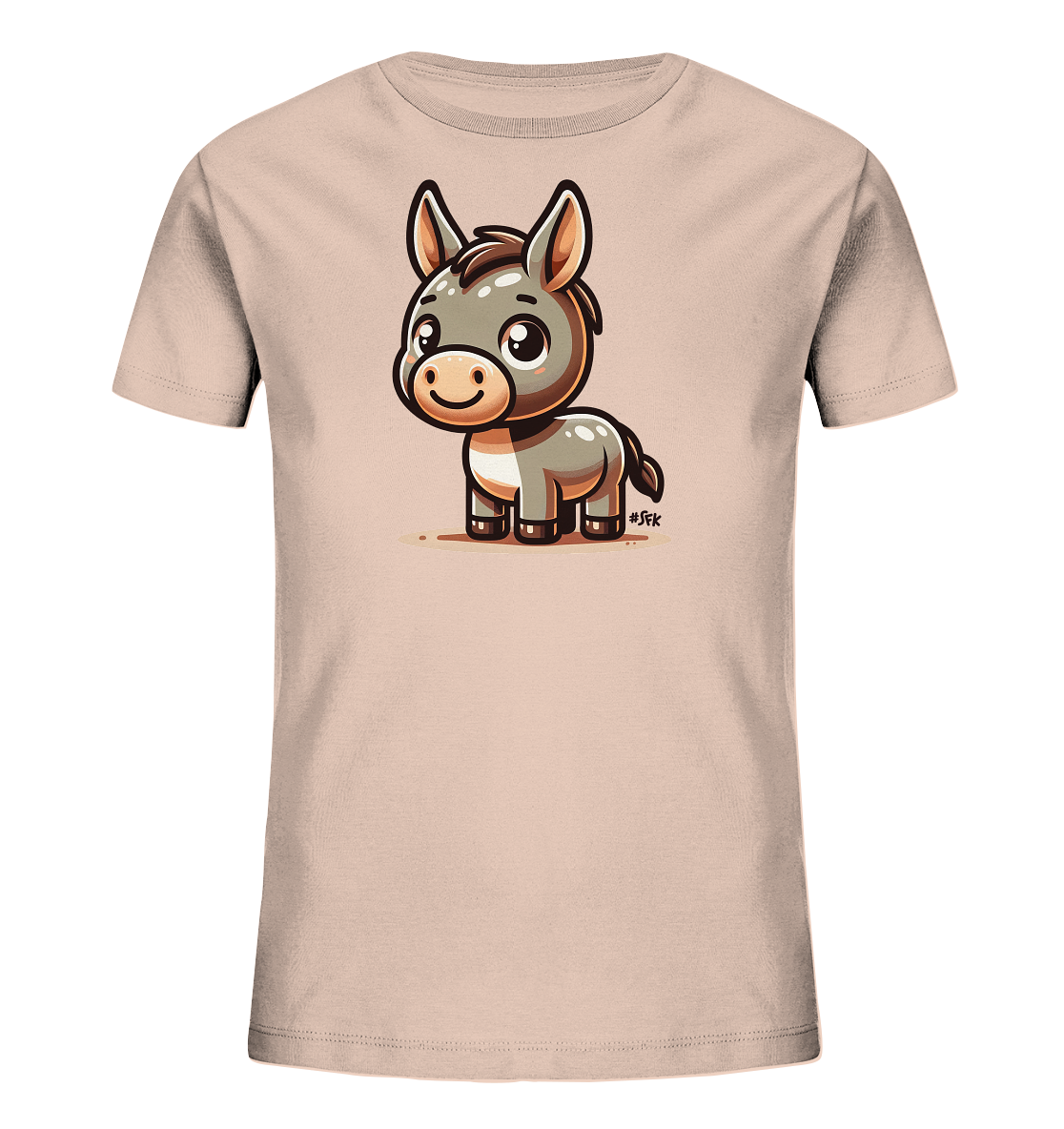 Onlineshop Shirts fuer Kinder - Dieses hellrosa T-Shirt fuer Kinder zeigt ein charmantes, cartoonhaftes Esel Motiv auf der Vorderseite. Der Esel ist grau und weiss dargestellt, mit grossen Augen und einem freundlichen Laecheln. Das Design ist verspielt und ansprechend, platziert auf einem angedeuteten braunen Untergrund. Das T-Shirt wirkt dadurch froehlich und kindgerecht.