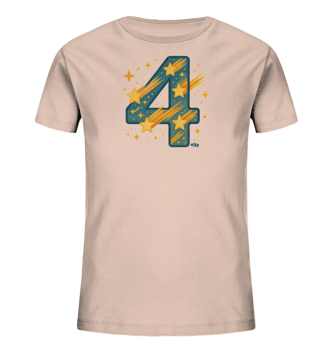 Onlineshop Shirts fuer Kinder - Das Bild zeigt ein helles Kinder T-Shirt mit einer grossen Zahl Vier auf der Vorderseite. Die Zahl ist in Blau mit gelben Sternen und Streifen gestaltet. Um die Zahl herum sind zusaetzliche gelbe Sterne und Punkte platziert. Dieses Motiv wirkt verspielt und lebendig.