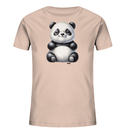 Kinder T-Shirt mit ein sitzender Panda mit schwarz-weißem Fell und freundlichem Lächeln
