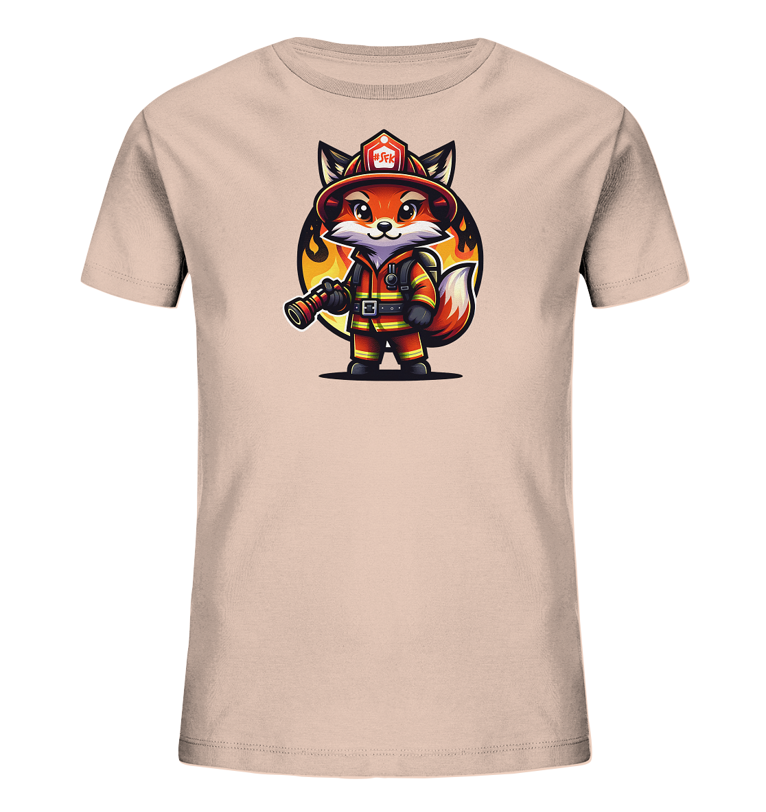 Onlineshop Shirts fuer Kinder - Das Bild zeigt ein hellrosa Kinder-T-Shirt mit einer Illustration eines Cartoon-Fuchses. Der Fuchs ist als Feuerwehrmann gekleidet, traegt einen roten Helm und haelt eine Schlauchduese. Hinter dem Fuchs ist ein dynamischer Hintergrund mit stilisierten Flammen in warmen Farben zu sehen. Das Design ist detailliert und faengt die Szene lebendig ein.