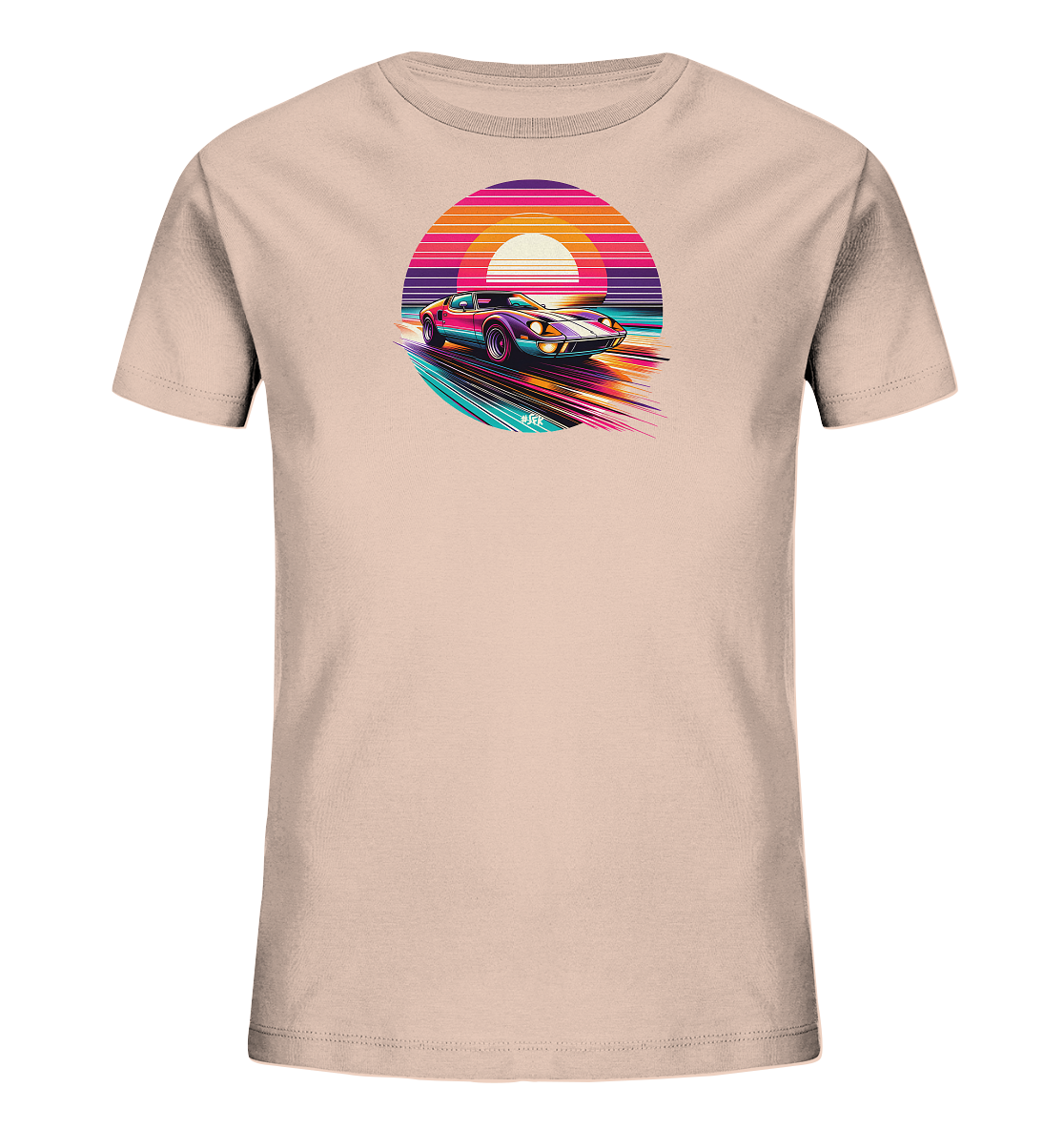 Kinder T-Shirt mit ein farbiger Sportwagen vor einer gestreiften Retro-Sonne