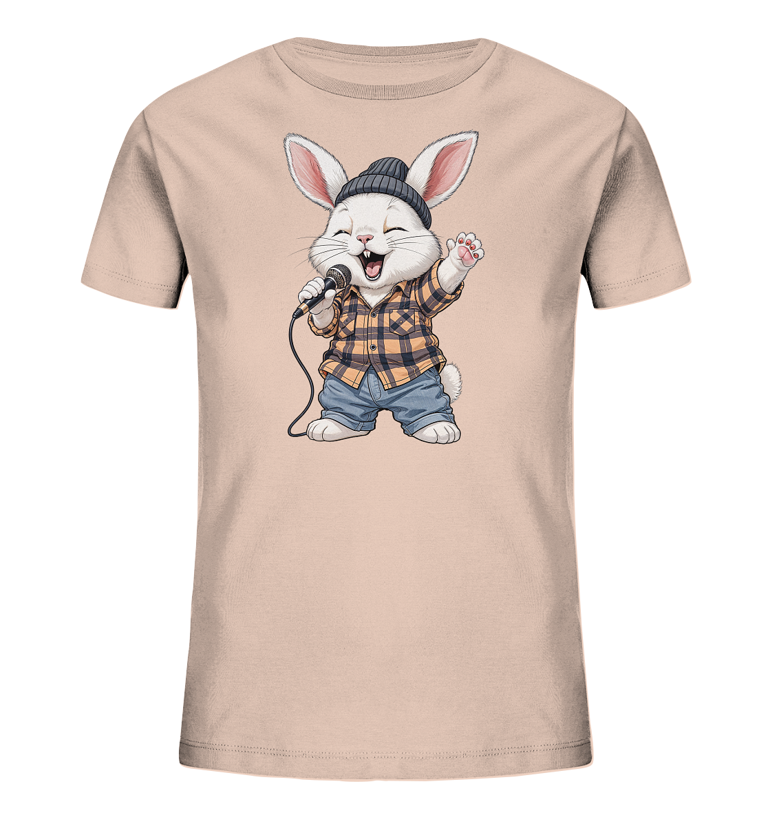 Onlineshop Shirts fuer Kinder - Das Bild zeigt ein Kinder-T-Shirt in hellem Beige. Auf der Vorderseite ist ein aufgedruckter Hase zu sehen, der eine dunkle Muetze, ein kariertes Hemd und Jeans traegt. Der Hase haelt ein Mikrofon und singt mit geschlossenen Augen und erhobener Pfote, was einen lebhaften und froehlichen Eindruck vermittelt. Das Motiv verleiht dem Shirt einen verspielten Charakter.