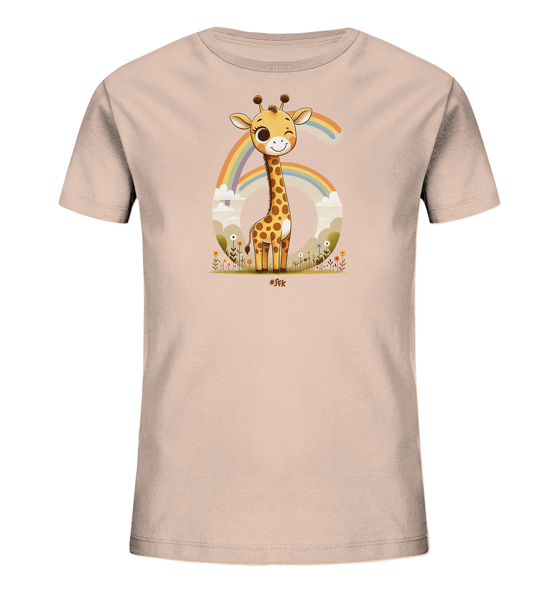Onlineshop Shirts fuer Kinder - Dieses hellrosa Kinder-T-Shirt praesentiert ein froehliches Design. Es zeigt eine niedliche Cartoon-Giraffe, die vor einer grossen Zahl '6' steht. Die Szene ist mit Blumen, Wolken und einem Regenbogen gestaltet. Das Motiv verleiht dem Shirt einen verspielten und positiven Ausdruck.