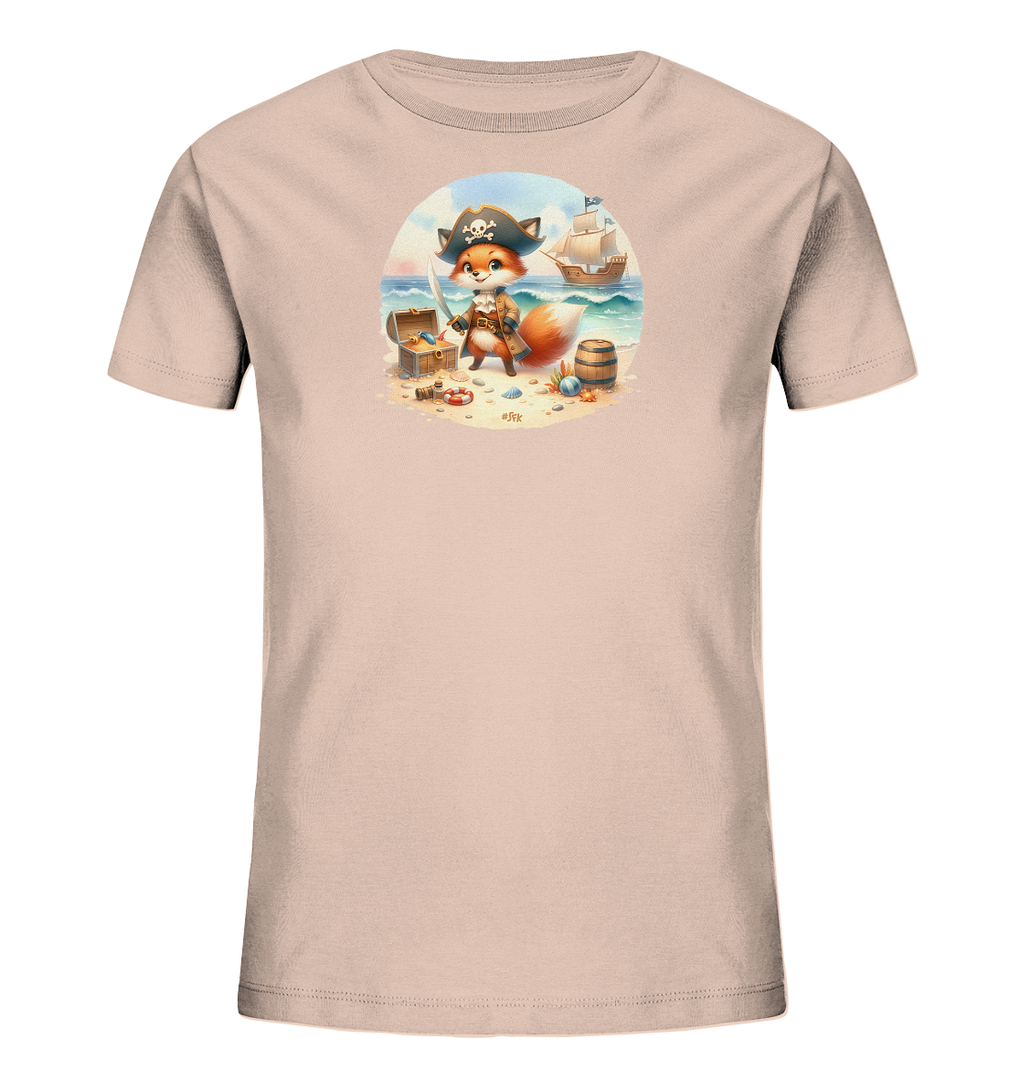 Onlineshop Shirts fuer Kinder - Das Bild zeigt ein hellrosa T-Shirt fuer Kinder mit einer Illustration eines niedlichen Fuchses als Pirat. Der Fuchs traegt einen Piratenhut und haelt ein Schwert, umgeben von einer Schatzkiste, einem Fass und maritimen Elementen an einem Strand. Im Hintergrund ist ein Segelschiff auf dem Meer zu sehen. Das detailreiche Design ist in einem ovalen Rahmen auf der Vorderseite platziert.