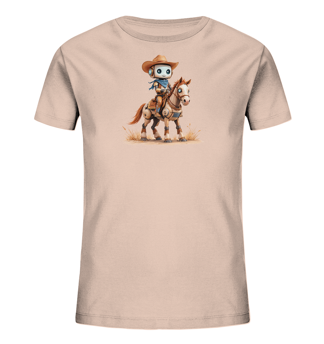 Onlineshop Shirts für Kinder - Das Bild zeigt ein T-Shirt in einem sanften Roséton oder Beige. Darauf abgebildet ist eine farbige Illustration eines Roboters, der als Cowboy verkleidet ist. Der Roboter trägt einen Hut und ein Halstuch und sitzt auf einem Pferd in cartoonhaftem Stil. Die Szene ist detailliert gezeichnet und zeigt den Roboter und das Pferd in einer stehenden Position auf einer angedeuteten Grasfläche, was dem Design eine verspielte Note verleiht.