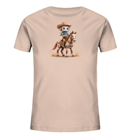 Onlineshop Shirts für Kinder - Das Bild zeigt ein T-Shirt in einem sanften Roséton oder Beige. Darauf abgebildet ist eine farbige Illustration eines Roboters, der als Cowboy verkleidet ist. Der Roboter trägt einen Hut und ein Halstuch und sitzt auf einem Pferd in cartoonhaftem Stil. Die Szene ist detailliert gezeichnet und zeigt den Roboter und das Pferd in einer stehenden Position auf einer angedeuteten Grasfläche, was dem Design eine verspielte Note verleiht.