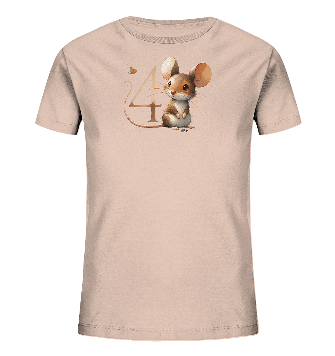 Onlineshop Shirts fuer Kinder - Das Bild zeigt ein hellrosa Kinder-T-Shirt. Auf der Vorderseite ist eine niedliche Illustration einer Maus mit grossen Ohren zu sehen. Neben der Maus steht die grosse Zahl '4', und darueber schwebt ein kleiner Schmetterling. Das Design ist verspielt und in warmen Brauntoenen gehalten.