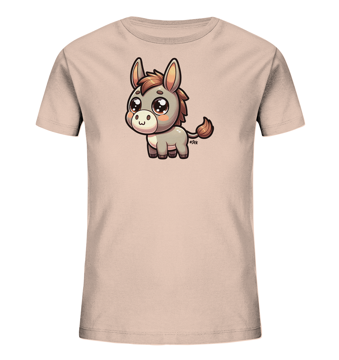 Onlineshop Shirts fuer Kinder - Das Bild zeigt ein helles, einfarbiges Kinder-T-Shirt in einem sanften Farbton. Auf der Vorderseite befindet sich eine niedliche, cartoonartige Illustration eines kleinen Esels. Der Esel hat grosse, ausdrucksvolle Augen und braune Akzente in Maehne und Schwanz. Das Design wirkt sehr freundlich und ansprechend.