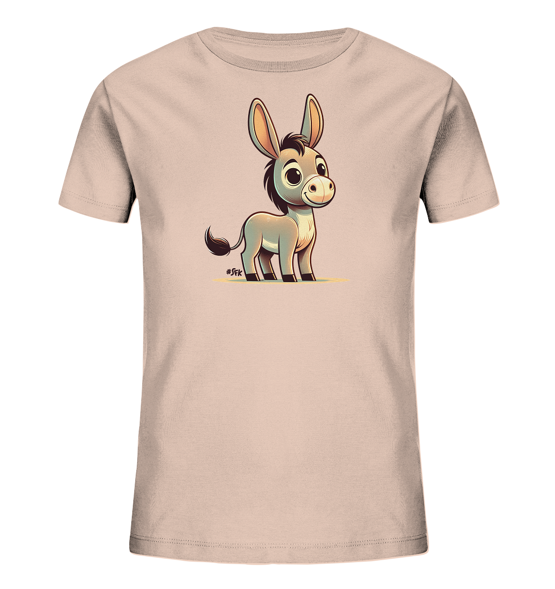Onlineshop Shirts fuer Kinder - Das Bild zeigt ein T-Shirt fuer Kinder in einem hellen Pfirsichton mit einem zentral platzierten Eselmotiv auf der Vorderseite. Der Esel ist im niedlichen Cartoon-Stil gezeichnet, hat grosse Ohren, dunkle Maehne und Schweif sowie ein freundliches Laecheln. Er steht auf einer gelben Linie, was dem Design einen verspielten Akzent verleiht. Das Motiv ist klar und deutlich auf dem Shirt zu sehen.