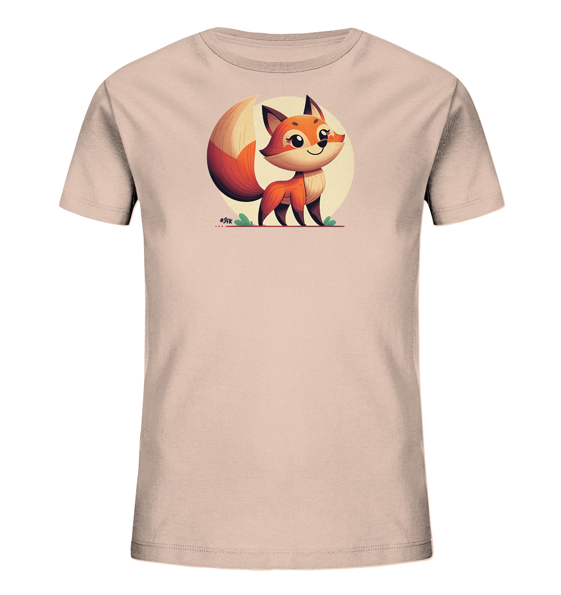 Onlineshop Shirts fuer Kinder - Das Bild zeigt ein Kinder-T-Shirt in einem zarten Rosaton mit einem charmanten Fuchsmotiv auf der Vorderseite. Der freundliche, cartoonartige Fuchs mit grossem Schwanz steht auf einer Grasflaeche vor einem hellen Kreis. Das Design ist verspielt und ansprechend gestaltet. Ein ideales Oberteil fuer kleine Tierfreunde.