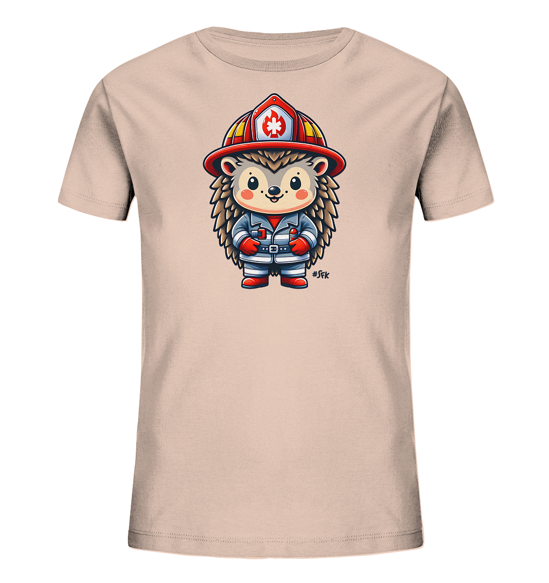 Onlineshop Shirts fuer Kinder - Das Bild zeigt ein helles Kinder-T-Shirt mit einer niedlichen Illustration eines Igels. Der Igel ist als Feuerwehrmann gekleidet, komplett mit Helm und Uniform. Die Grafik ist farbenfroh und im Cartoon-Stil gehalten, was ihr ein freundliches Aussehen verleiht. Dieses Design ist auf der Vorderseite des Shirts platziert.