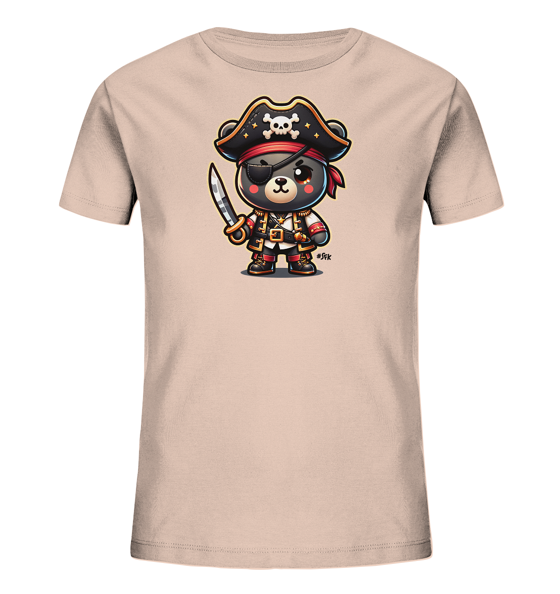 Onlineshop Shirts fuer Kinder - Das Bild zeigt ein Kinder-T-Shirt in einem sanften Sandton. Auf der Vorderseite ist eine niedliche Illustration eines Baeren zu sehen, der als Pirat gekleidet ist. Er traegt einen Piratenhut mit Totenkopf, eine Augenklappe und haelt ein Schwert in der Hand. Das detailreiche Kostuem verleiht dem Motiv einen verspielten Charakter.