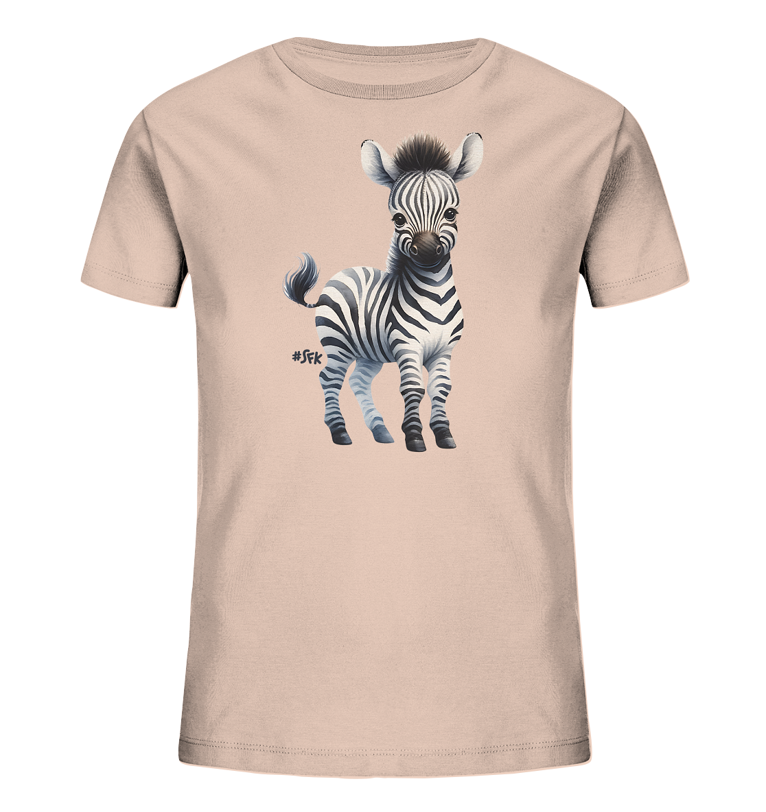 Onlineshop Shirts fuer Kinder - Das hellrosa T-Shirt zeigt auf der Vorderseite die charmante Illustration eines jungen Zebras. Das stehende Fohlen ist detailreich mit seinen charakteristischen schwarzen und weissen Streifen dargestellt. Es blickt aufmerksam nach vorne und hat einen freundlichen Ausdruck. Das Motiv verleiht dem Kinder-Shirt einen suessen und naturverbundenen Look.