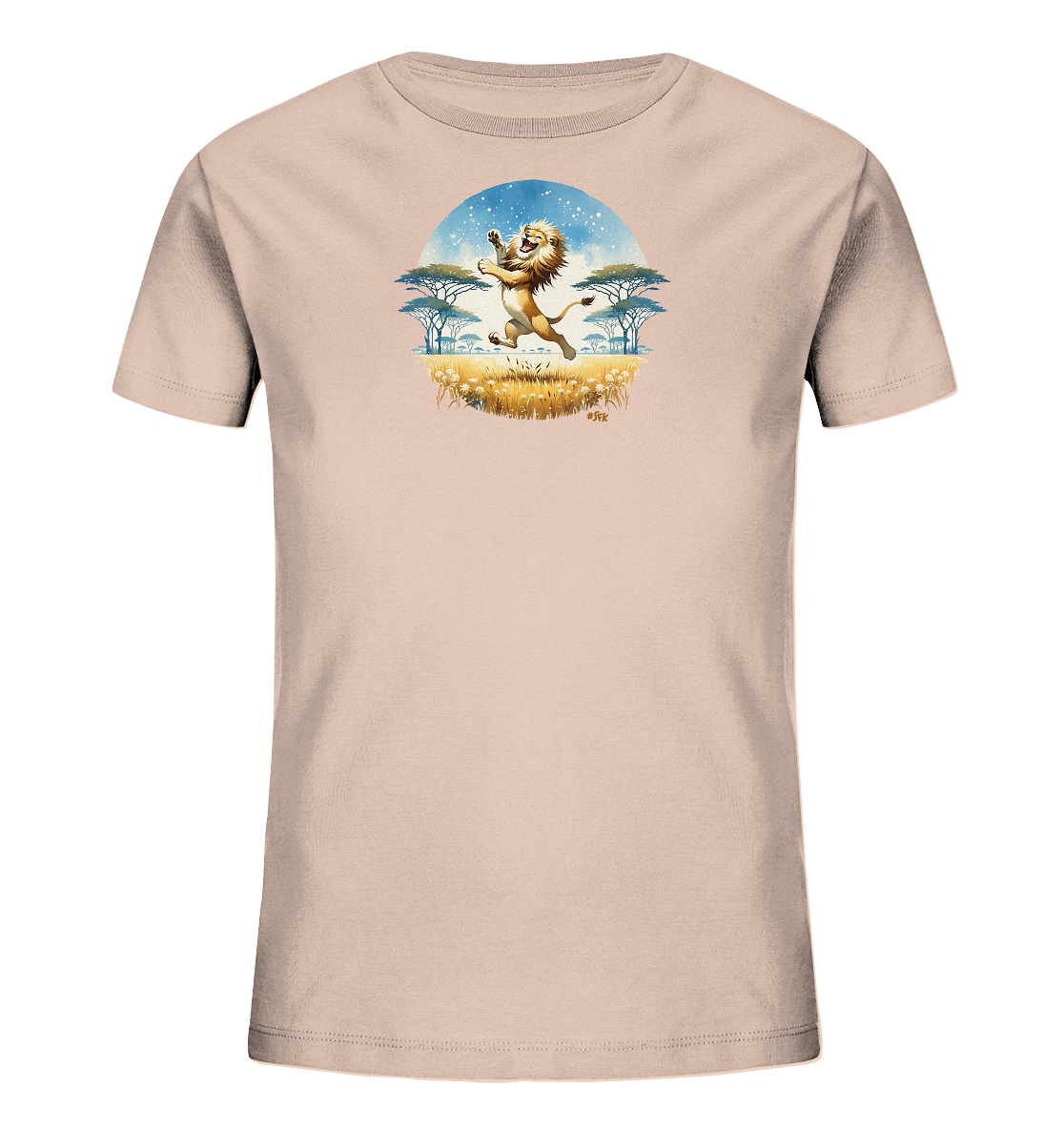 Onlineshop Shirts fuer Kinder - Das Bild zeigt ein hellrosafarbenes T-Shirt fuer Kinder mit einem runden Motiv. Auf dem Motiv ist ein froehlicher Loewe abgebildet, der in einer Savannenlandschaft springt oder tanzt. Die Szene umfasst goldene Graeser, bunte Blumen sowie charakteristische Akazienbaeume. Im Hintergrund ist ein blauer Himmel mit Sternen zu sehen, was dem Design eine verspielte Note verleiht.