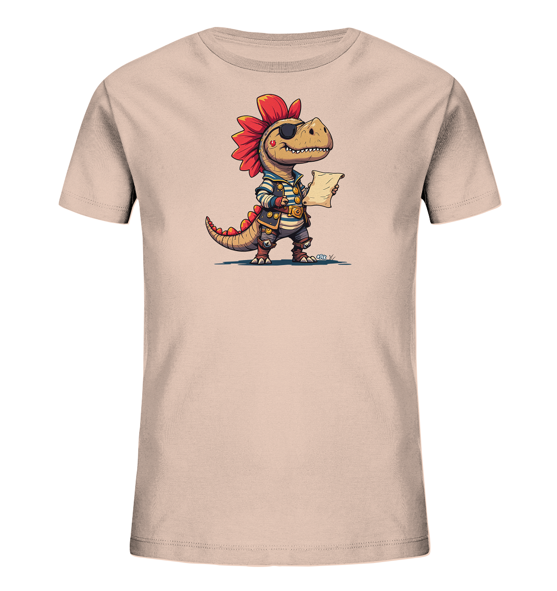 Onlineshop Shirts fuer Kinder - Das Bild zeigt ein beigefarbenes T-Shirt fuer Kinder. Auf der Vorderseite ist eine Illustration eines cartoonartigen Dinosauriers in einem Piratenkostuem abgebildet. Der Dinosaurier traegt eine Augenklappe, ein gestreiftes Hemd, einen Guertel und haelt eine Karte. Sein Kopf ziert ein auffaelliger roter Federschmuck.