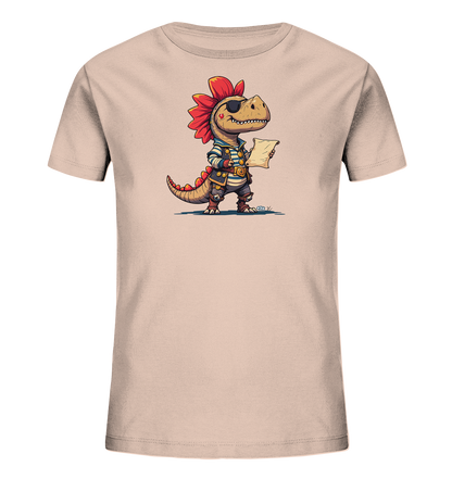 Onlineshop Shirts fuer Kinder - Das Bild zeigt ein beigefarbenes T-Shirt fuer Kinder. Auf der Vorderseite ist eine Illustration eines cartoonartigen Dinosauriers in einem Piratenkostuem abgebildet. Der Dinosaurier traegt eine Augenklappe, ein gestreiftes Hemd, einen Guertel und haelt eine Karte. Sein Kopf ziert ein auffaelliger roter Federschmuck.