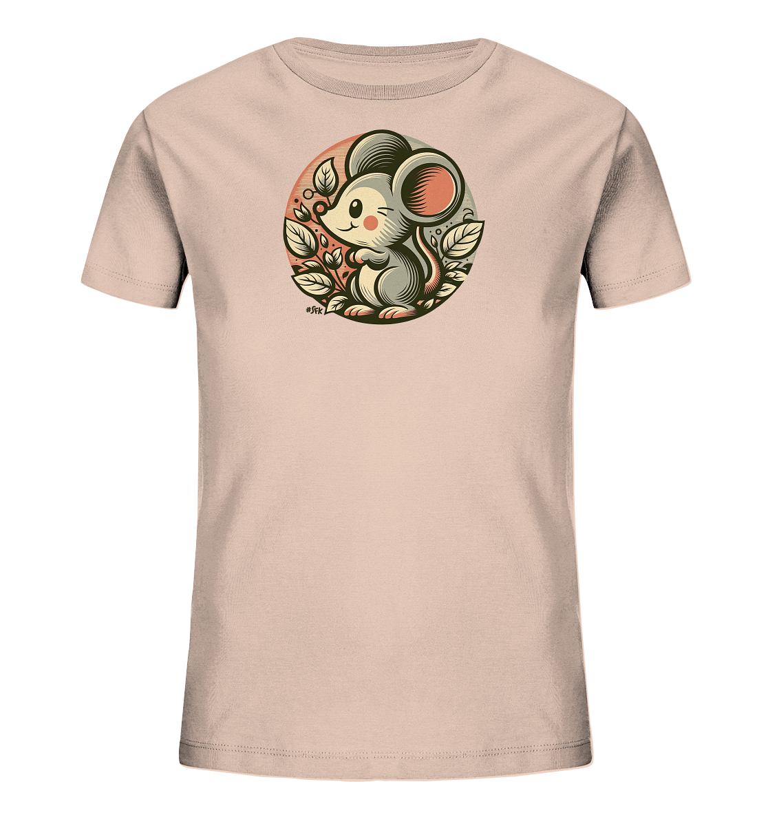 Onlineshop Shirts fuer Kinder - Das Bild zeigt ein hellrosa Kinder-T-Shirt. Auf der Vorderseite ist eine runde Grafik mit einer niedlichen, gezeichneten Maus abgebildet. Die Maus sitzt in einem Kreis umgeben von Blaettern und Zweigen und zwinkert froehlich. Das Design wirkt verspielt und freundlich.