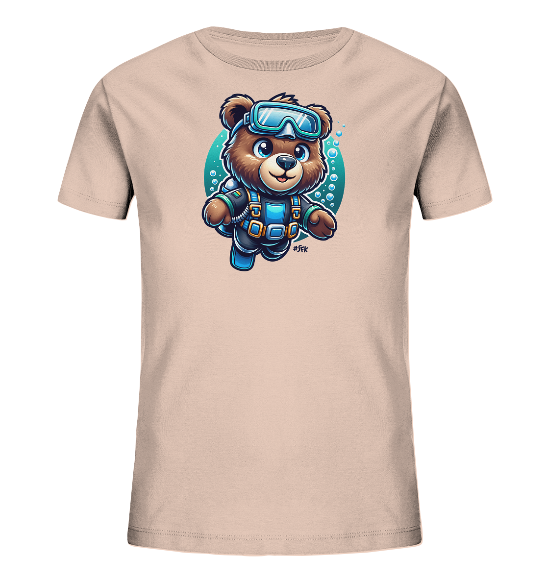 Onlineshop Shirts fuer Kinder - Das T-Shirt zeigt eine niedliche Illustration eines Baeren in Tauchausruestung. Der Baer traegt eine Taucherbrille und einen Tauchanzug und schwimmt umgeben von Luftblasen. Ein runder, aquablauer Hintergrund hebt das Motiv hervor. Das Design wirkt freundlich und abenteuerlich.