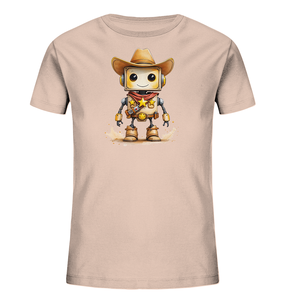 Onlineshop Shirts für Kinder - Das Bild zeigt ein helles, rosafarbenes T-Shirt für Kinder, bedruckt mit einer Illustration eines freundlichen Roboters. Der Roboter ist im Western-Stil gestaltet und trägt einen Cowboyhut, ein rotes Halstuch mit einem Stern-Symbol und Cowboystiefel. Es sind Details wie Zahnräder und Nieten erkennbar, die ihm ein mechanisches Aussehen verleihen. Die gesamte Darstellung des Roboters ist farbenfroh und detailreich, umgeben von einem angedeuteten staubigen Boden.