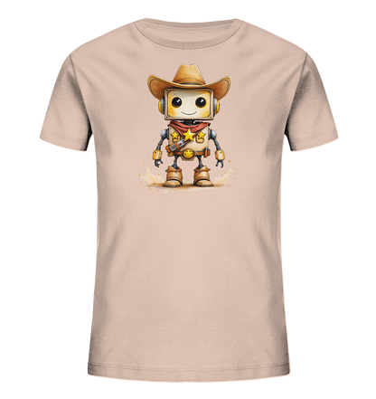 Onlineshop Shirts für Kinder - Das Bild zeigt ein helles, rosafarbenes T-Shirt für Kinder, bedruckt mit einer Illustration eines freundlichen Roboters. Der Roboter ist im Western-Stil gestaltet und trägt einen Cowboyhut, ein rotes Halstuch mit einem Stern-Symbol und Cowboystiefel. Es sind Details wie Zahnräder und Nieten erkennbar, die ihm ein mechanisches Aussehen verleihen. Die gesamte Darstellung des Roboters ist farbenfroh und detailreich, umgeben von einem angedeuteten staubigen Boden.
