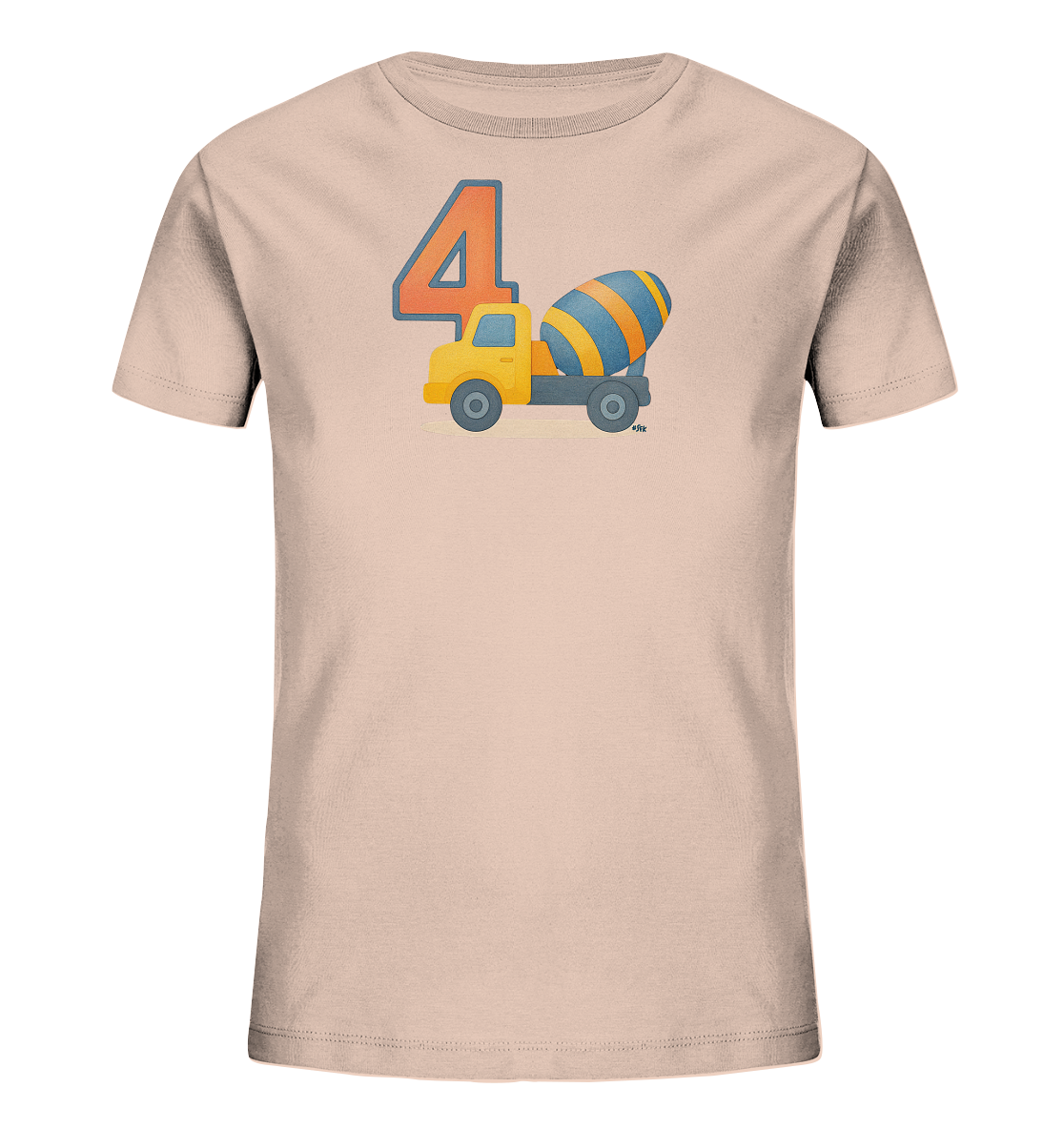 Onlineshop Shirts fuer Kinder - Das Bild zeigt ein hellrosa T-Shirt fuer Kinder mit einem Druck auf der Vorderseite. Der Druck besteht aus einer grossen orangefarbenen Zahl '4' und einem gelben Betonmischer-LKW daneben. Der LKW hat eine blau-orange gestreifte Mischtrommel und faehrt auf einer hellbraunen Flaeche. Das Design ist farbenfroh und wirkt freundlich.