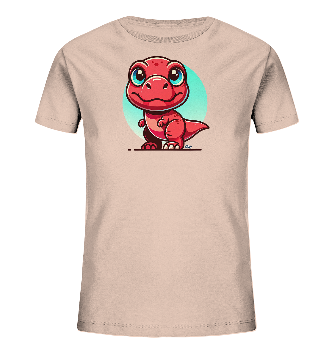 Onlineshop Shirts für Kinder - Das Bild zeigt ein helles beiges T-Shirt für Kinder, frontal aufgenommen. Auf der Vorderseite ist eine farbenfrohe, cartoonartige Illustration eines kleinen, roten Dinosauriers abgebildet. Der Dinosaurier hat große, leuchtend blaue Augen und ein breites, freundliches Lächeln. Hinter der Figur befindet sich ein hellblauer Kreis, der das Motiv hervorhebt und ihm eine fröhliche Ausstrahlung verleiht.