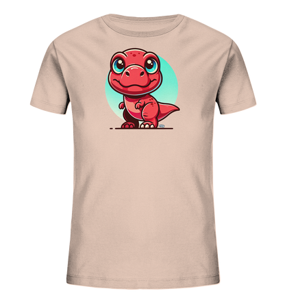 Onlineshop Shirts für Kinder - Das Bild zeigt ein helles beiges T-Shirt für Kinder, frontal aufgenommen. Auf der Vorderseite ist eine farbenfrohe, cartoonartige Illustration eines kleinen, roten Dinosauriers abgebildet. Der Dinosaurier hat große, leuchtend blaue Augen und ein breites, freundliches Lächeln. Hinter der Figur befindet sich ein hellblauer Kreis, der das Motiv hervorhebt und ihm eine fröhliche Ausstrahlung verleiht.