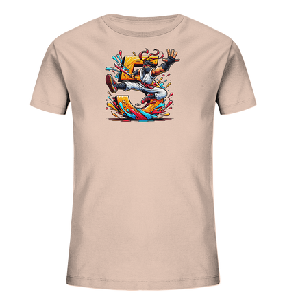 Kinder T-Shirt mit springendem Ninja, großer Zahl 5 und bunten Farbspritzern