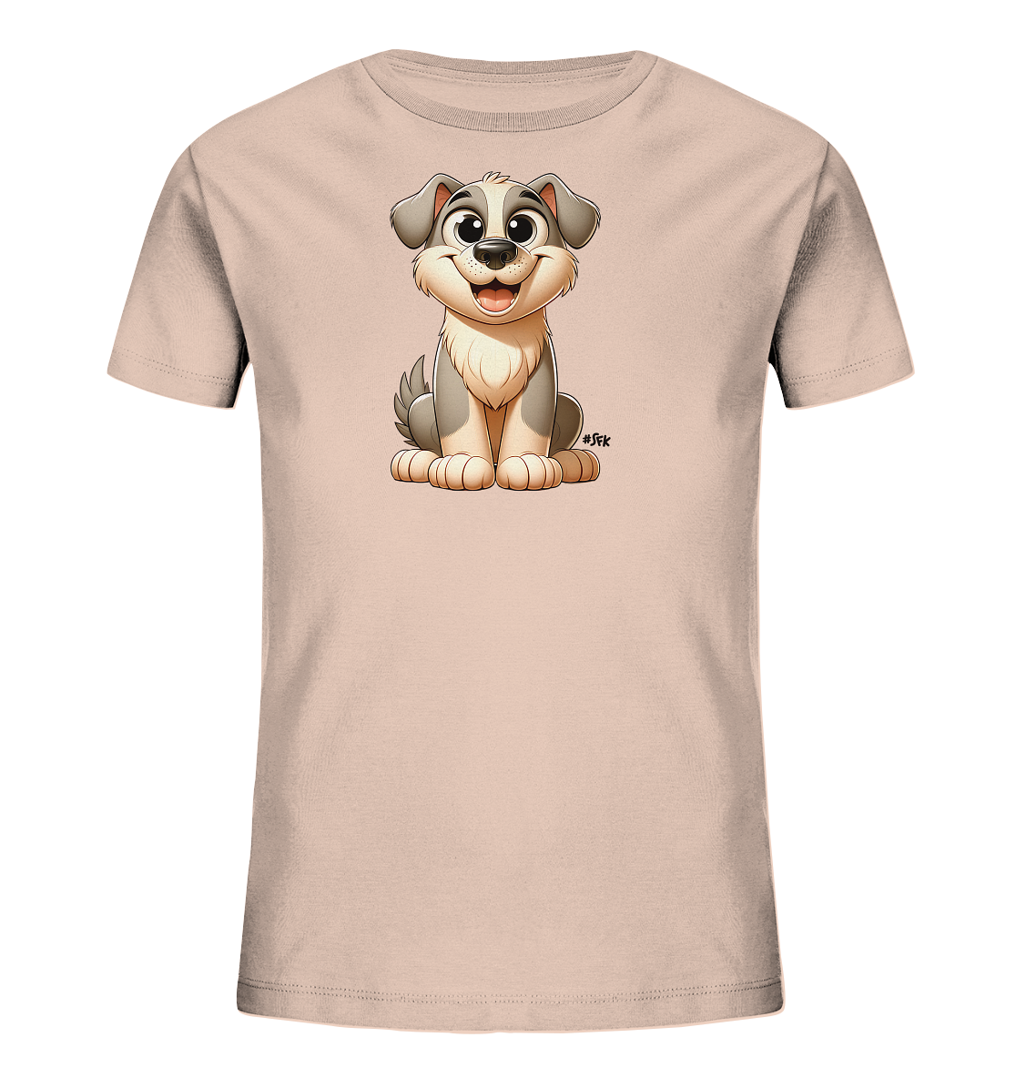 Onlineshop Shirts fuer Kinder - Das Bild zeigt ein hellrosa Kinder T-Shirt mit einer suessen, cartoonartigen Illustration eines sitzenden Hundes auf der Vorderseite. Der Hund hat grosse, runde Augen und ein freundliches Laecheln. Er ist in Grau- und Beigetoenen dargestellt und sitzt aufrecht. Dieses Design wirkt froehlich und ansprechend fuer Kinder.