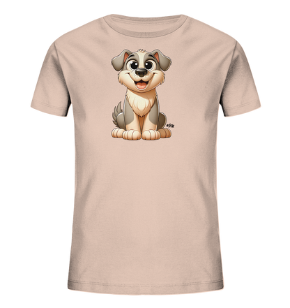 Onlineshop Shirts fuer Kinder - Das Bild zeigt ein hellrosa Kinder T-Shirt mit einer suessen, cartoonartigen Illustration eines sitzenden Hundes auf der Vorderseite. Der Hund hat grosse, runde Augen und ein freundliches Laecheln. Er ist in Grau- und Beigetoenen dargestellt und sitzt aufrecht. Dieses Design wirkt froehlich und ansprechend fuer Kinder.