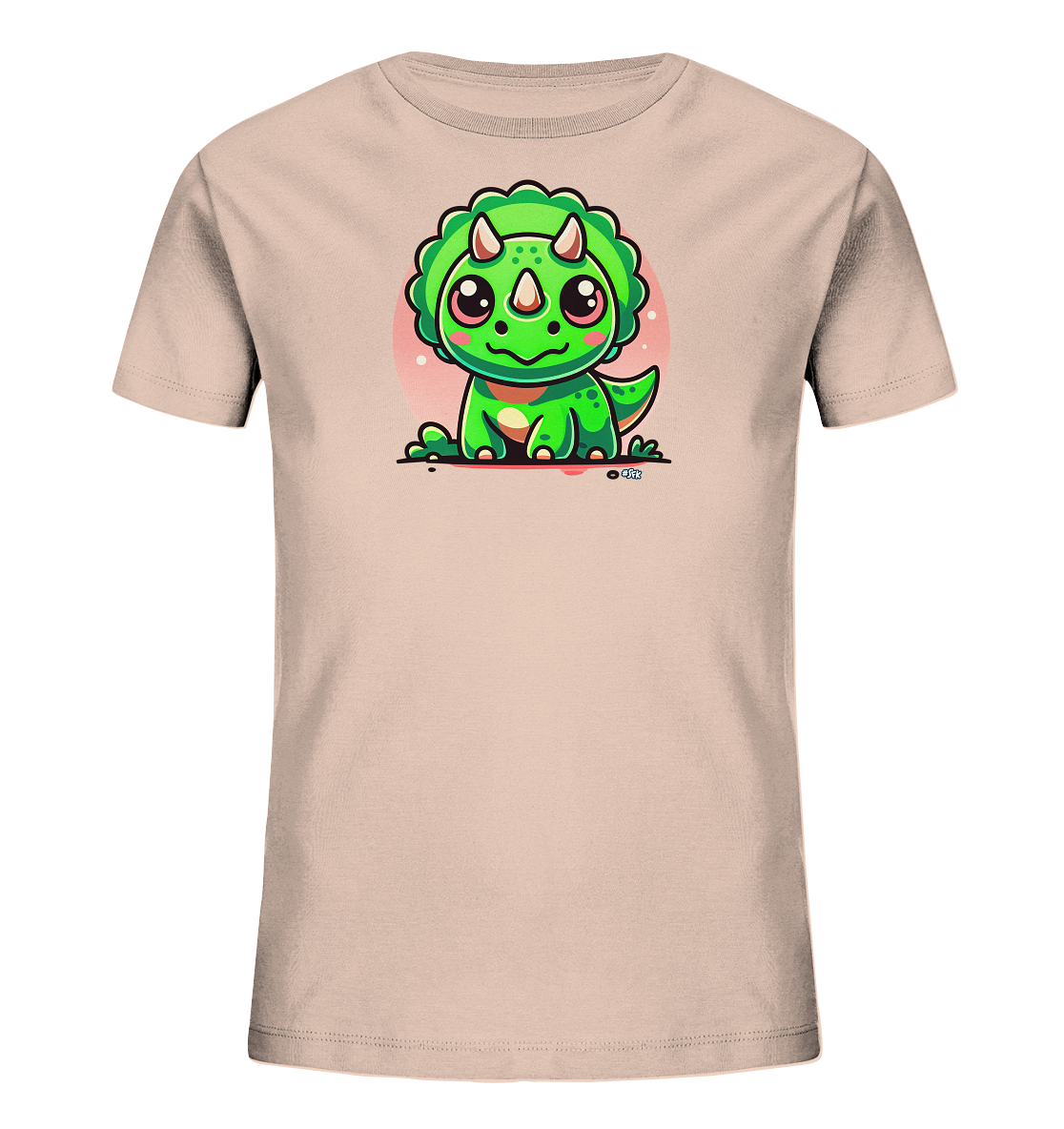 Onlineshop Shirts fuer Kinder - Das Bild zeigt ein beiges Kinder-T-Shirt mit einem niedlichen, cartoonartigen gruenen Dinosaurier-Motiv. Der kleine Dinosaurier sitzt aufrecht und hat grosse Augen sowie kleine Hoerner und einen Halskragen. Ein blassrosa Kreis ist hinter dem Dino platziert, was das Design hervorhebt. Die Illustration verleiht dem Shirt einen verspielten und freundlichen Look.