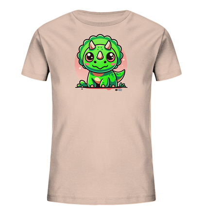 Onlineshop Shirts fuer Kinder - Das Bild zeigt ein beiges Kinder-T-Shirt mit einem niedlichen, cartoonartigen gruenen Dinosaurier-Motiv. Der kleine Dinosaurier sitzt aufrecht und hat grosse Augen sowie kleine Hoerner und einen Halskragen. Ein blassrosa Kreis ist hinter dem Dino platziert, was das Design hervorhebt. Die Illustration verleiht dem Shirt einen verspielten und freundlichen Look.