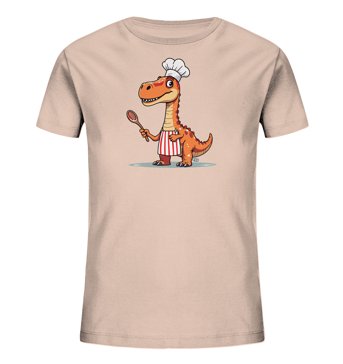 Onlineshop Shirts fuer Kinder - Das Bild zeigt ein hellbeiges Kinder-T-Shirt mit einer lustigen Illustration eines Dinosauriers. Der orangefarbene Dinosaurier traegt eine weisse Kochmuetze und eine rot-weiss gestreifte Schuerze. Er haelt einen Holzloeffel in der Hand und hat ein freundliches Laecheln. Das Design ist verspielt und detailreich gestaltet.