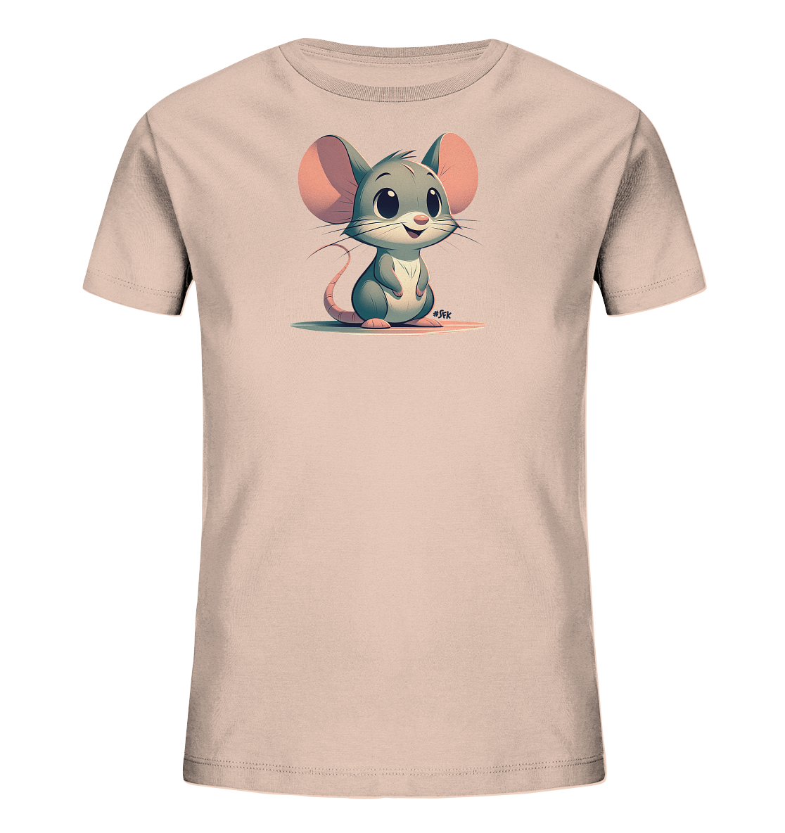 Onlineshop Shirts fuer Kinder - Das Bild zeigt ein hellrosa Kinder T-Shirt mit einer niedlichen Illustration einer Maus auf der Vorderseite. Die Maus im Cartoon-Stil hat grosse Ohren und ein freundliches Laecheln. Sie sitzt aufrecht und ist in sanften Grau- und Rosatoenen dargestellt. Das Design wirkt verspielt und ansprechend.