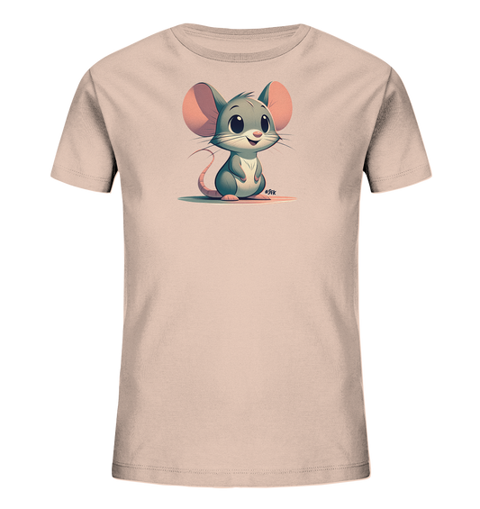 Onlineshop Shirts fuer Kinder - Das Bild zeigt ein hellrosa Kinder T-Shirt mit einer niedlichen Illustration einer Maus auf der Vorderseite. Die Maus im Cartoon-Stil hat grosse Ohren und ein freundliches Laecheln. Sie sitzt aufrecht und ist in sanften Grau- und Rosatoenen dargestellt. Das Design wirkt verspielt und ansprechend.