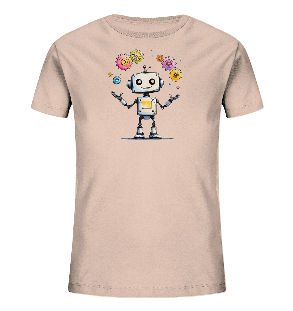 Onlineshop Shirts für Kinder - Das Bild zeigt ein hellrosa T-Shirt für Kinder, das mit einer fröhlichen Grafik versehen ist. Auf der Vorderseite ist ein weißer Cartoon-Roboter mit einem lachenden Gesicht abgebildet, der seine Arme erhoben hat. Um den Roboter herum schweben mehrere bunte Zahnräder in verschiedenen Größen und Farben wie Rosa, Grün, Gelb und Blau. Das Design wirkt spielerisch und technisch angehaucht und eignet sich gut für technikbegeisterte Kinder.